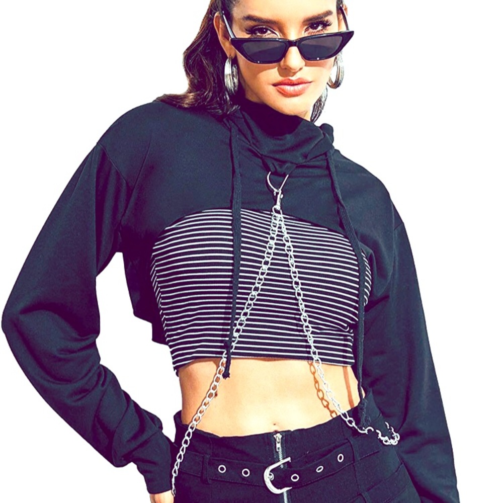 Black Chain Crop Hoodie Punk Rock Goth Sexy